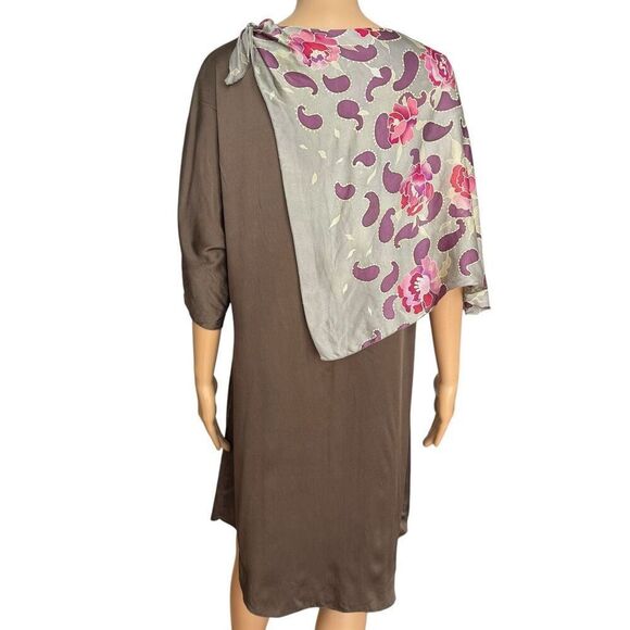 100% silk brown tunic blouse dress attached paisley scarf size L - Picture 3 of 7